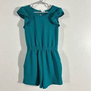 Old Navy Romper Girls S 6-7 Teal Blue  Flutter Sleeve Textured Pockets